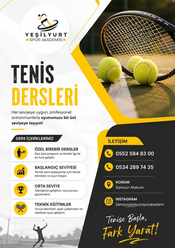 Tenis derslerinin içerikleri ve iletişim bilgileri tanıtım afişi